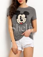 Shein Grey Mickey Mouse Sequined Casual T-shirt