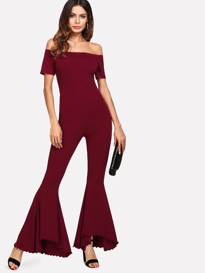 Shein Lettuce Trim Detail Flared Bardot Jumpsuit