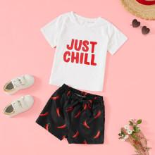 Shein Girls Slogan Print Top & Red Pepper Shorts Set