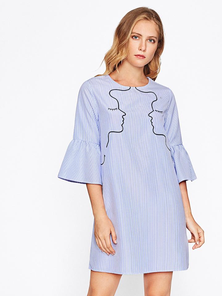 Shein Fluted Sleeve Obi Belt Detail Pinstripe Dress