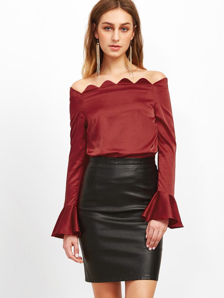Shein Burgundy Scallop Off The Shoulder Bell Cuff Silky Top