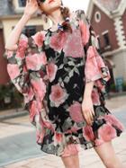 Shein Flowers Print Ruffle Sleeve Shift Dress