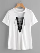 Shein Contrast Lattice Front Choker Plunge Neck Tee