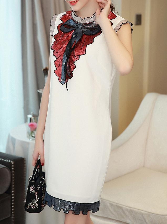 Shein White Tie Neck Ruffle Sequined Shift Dress
