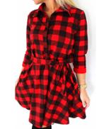 Shein Red Black Lapel Plaid Shirt Dress