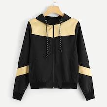 Shein Zip Front Color Block Drawstring Hoodie Jacket