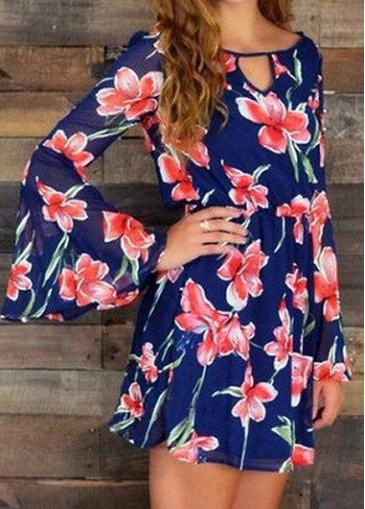 Rosewe Round Neck Flower Print Chiffon Mini Dress