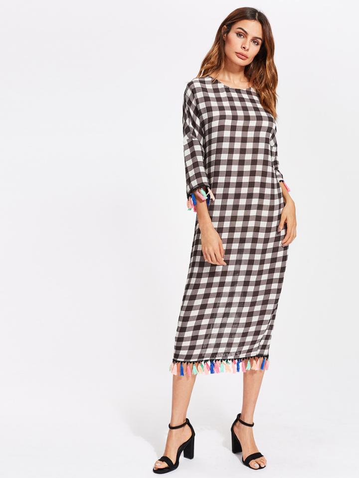 Shein V Cut Back Tassel Trim Checkered Cocoon Dress