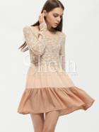 Shein Apricot Long Sleeve Color Block Ruffle Dress