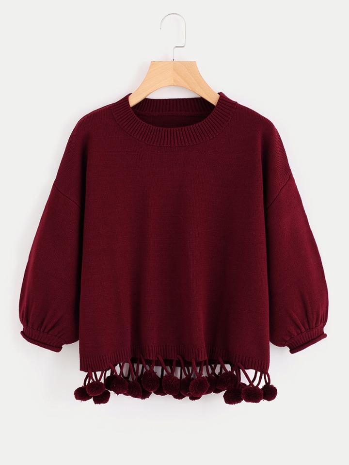 Shein Dropped Shoulder Lantern Sleeve Pom Pom Hem Jumper