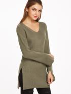 Shein Olive Green Cutout Back Slit Side And Sleeve Sweater