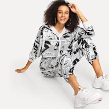Shein Comic Print Top With Drawstring Waist Pants