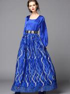Shein Blue Boat Neck Long Sleeve Drawstring Dress