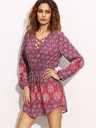 Shein Deep V Neck Tribale Print Lace Up Front Dress