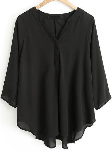 Shein Black V Neck Dip Hem Blouse