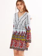 Shein Paisley Print V Neck Bell Sleeve Dress