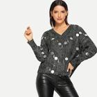 Shein Sequin Detail Lace Up Back Dolman Sleeve Jumper