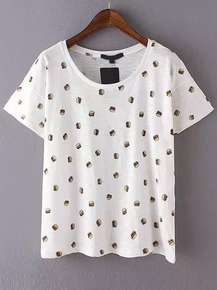 Shein White Short Sleeve Hamburger Print T-shirt