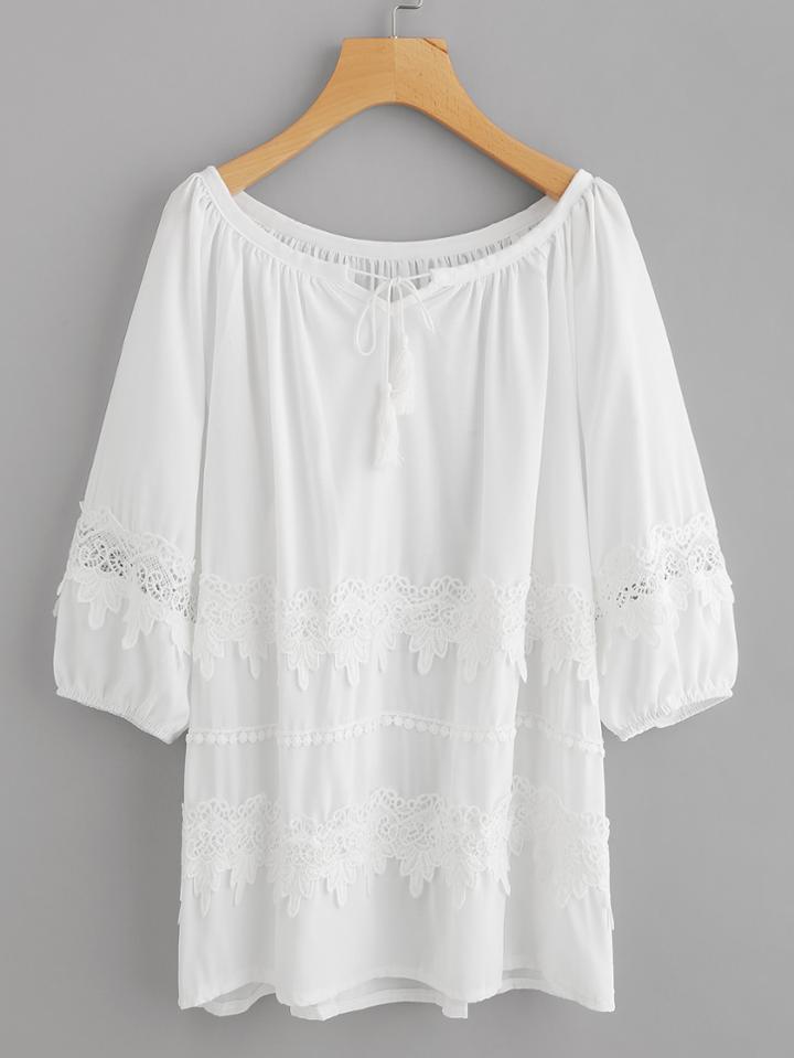 Shein Crochet Appliques Embellished Tassel Tie Neck Blouse