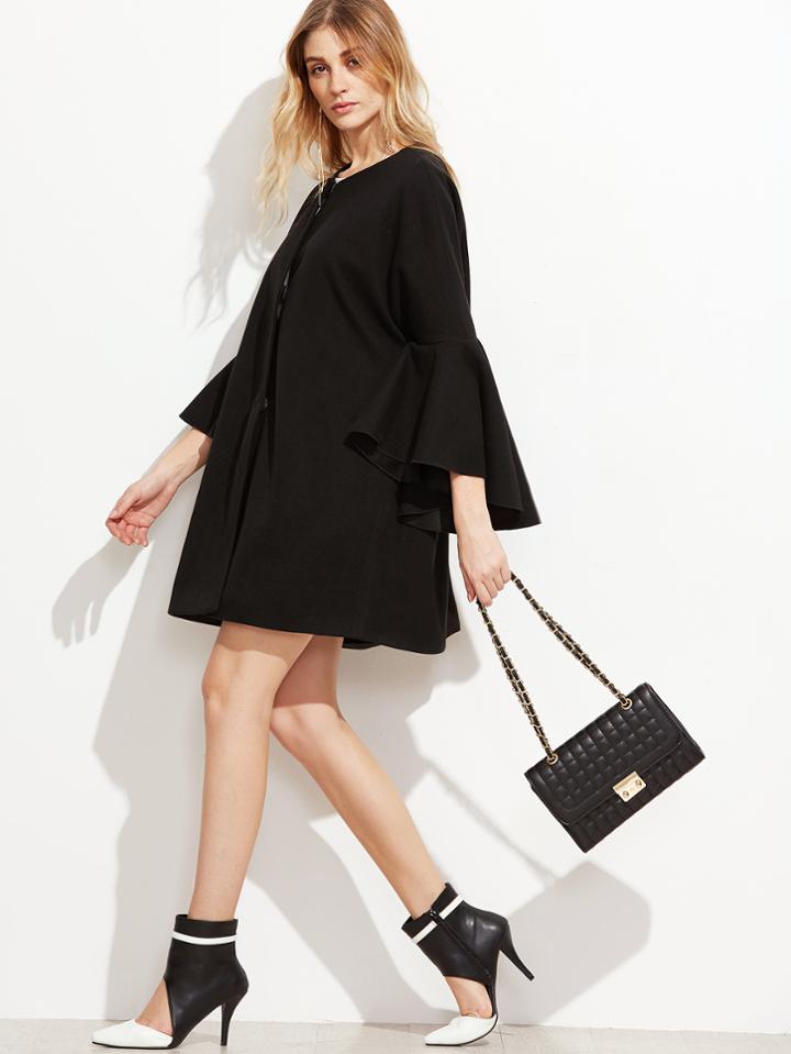 Shein Black Collarless Hidden Button Oversized Bell Sleeve Coat