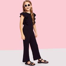 Shein Girls Ruffle Trim Zip Back Round Neck Jumpsuit