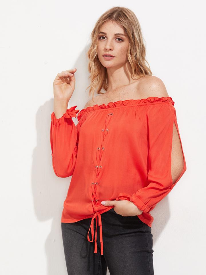 Shein Bardot Frill Trim Lace Up Top