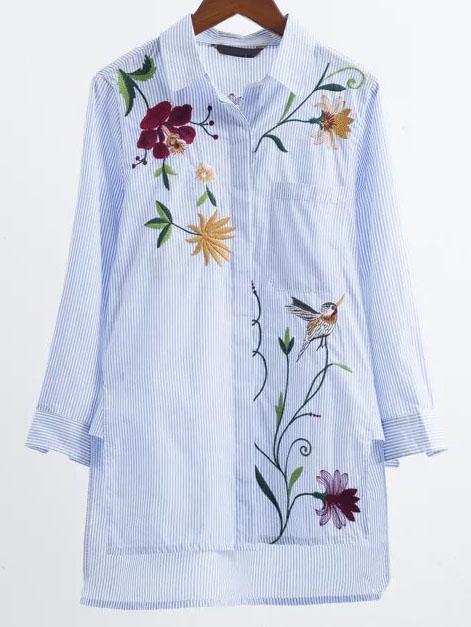 Shein Blue Striped Flower Embroidery High Low Blouse
