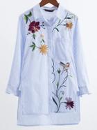 Shein Blue Striped Flower Embroidery High Low Blouse