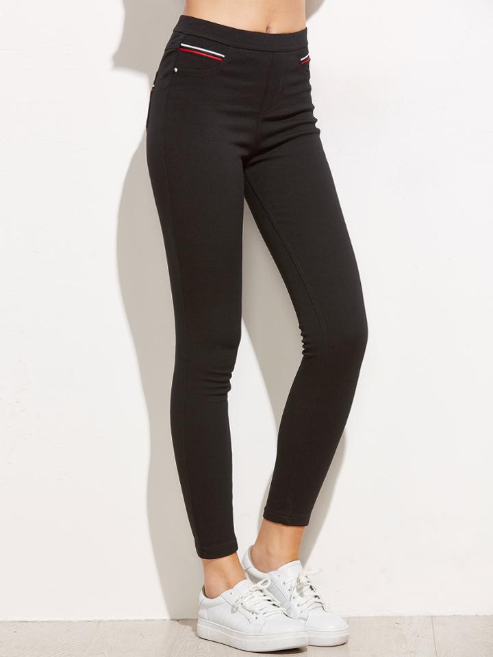 Shein Black Elastic Waist Striped Trim Pants