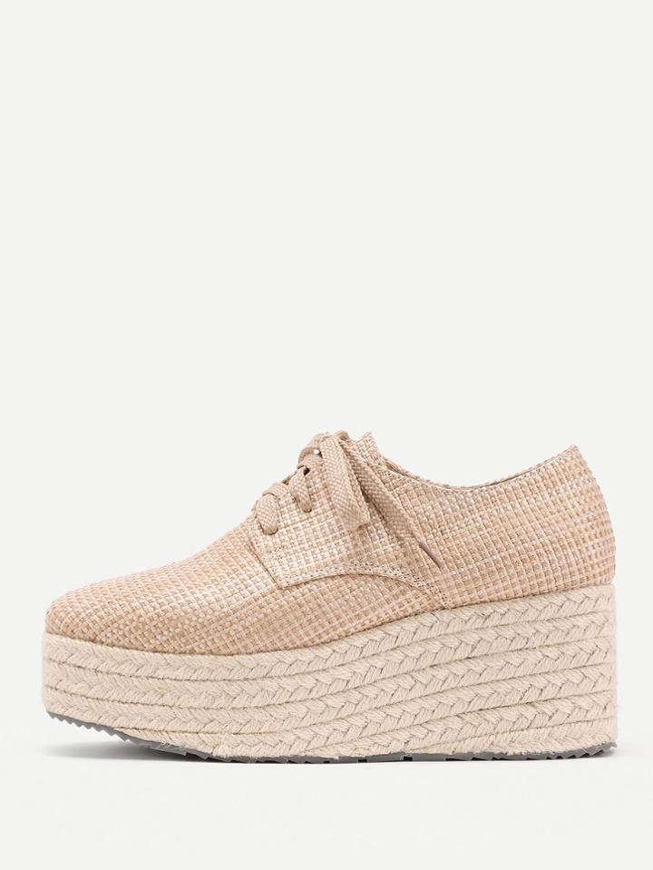 Shein Square Toe Lace Up Straw Woven Wedges