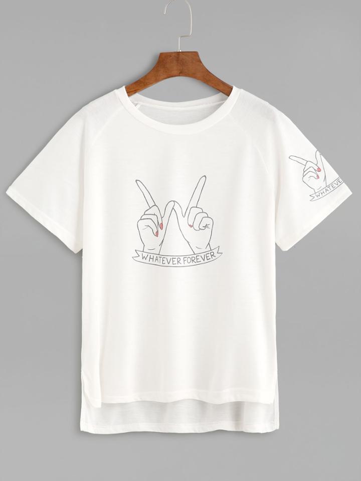 Shein White Gesture Print Slit Side High Low T-shirt