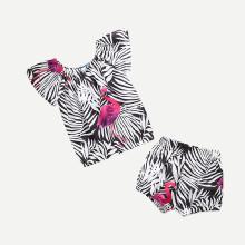 Shein Girls Striped Print Blouse With Shorts