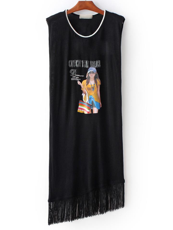 Shein Black Sleeveless Printed Asymmetric Fringe Dress