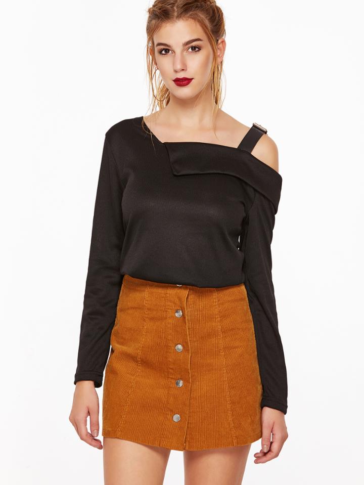 Shein Black Asymmetric Cold Shoulder Buckle Detail T-shirt