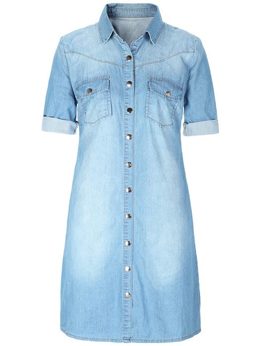 Shein Blue Lapel Bleached Denim Shirt Dress