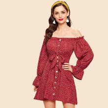 Shein Polka Dot Single Breasted Flounce Sleeve Knot Dress