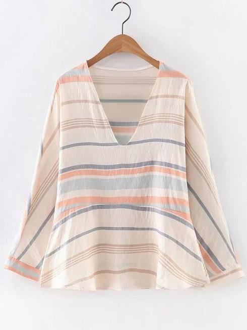 Shein Multicolor Long Sleeve V Neck Stripe Blouse