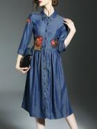 Shein Blue Lapel Fishes Embroidered Denim Dress