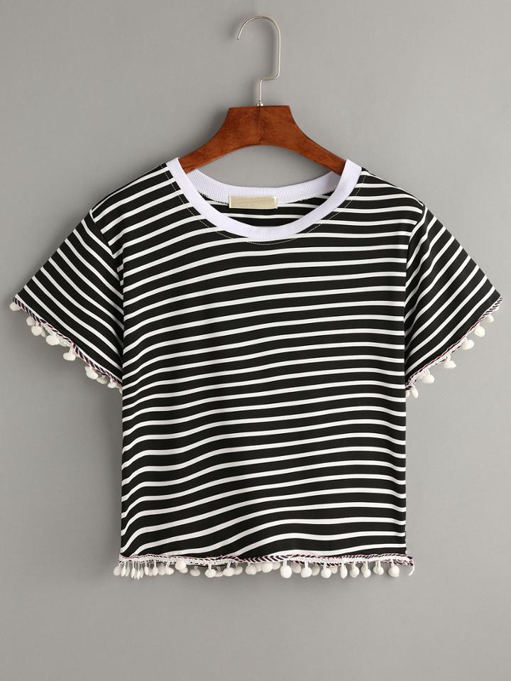 Shein Black Striped Contrast Trim Pom Pom T-shirt