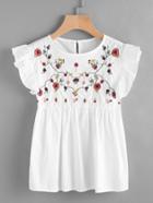 Shein Embroidered Frill Trim Keyhole Back Smock Top
