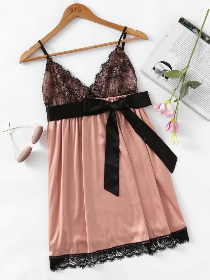 Shein Eyelash Lace Detail Bow Waist Nightdress