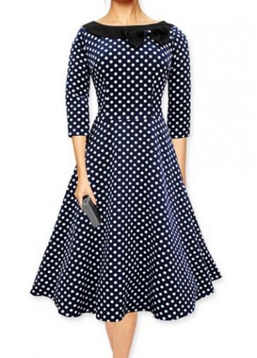Rosewe Polka Dot Print Three Quarter Sleeve Skater Dress