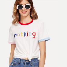 Shein Letter Embroidered Contrast Trim Tee