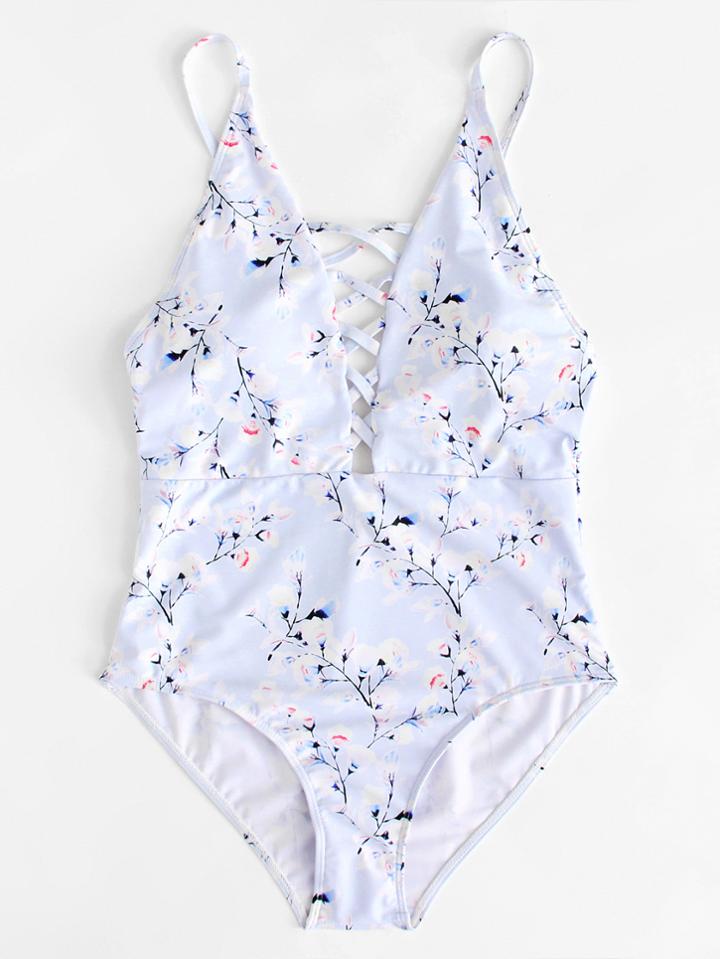 Shein Calico Print Criss Cross Swimsuit