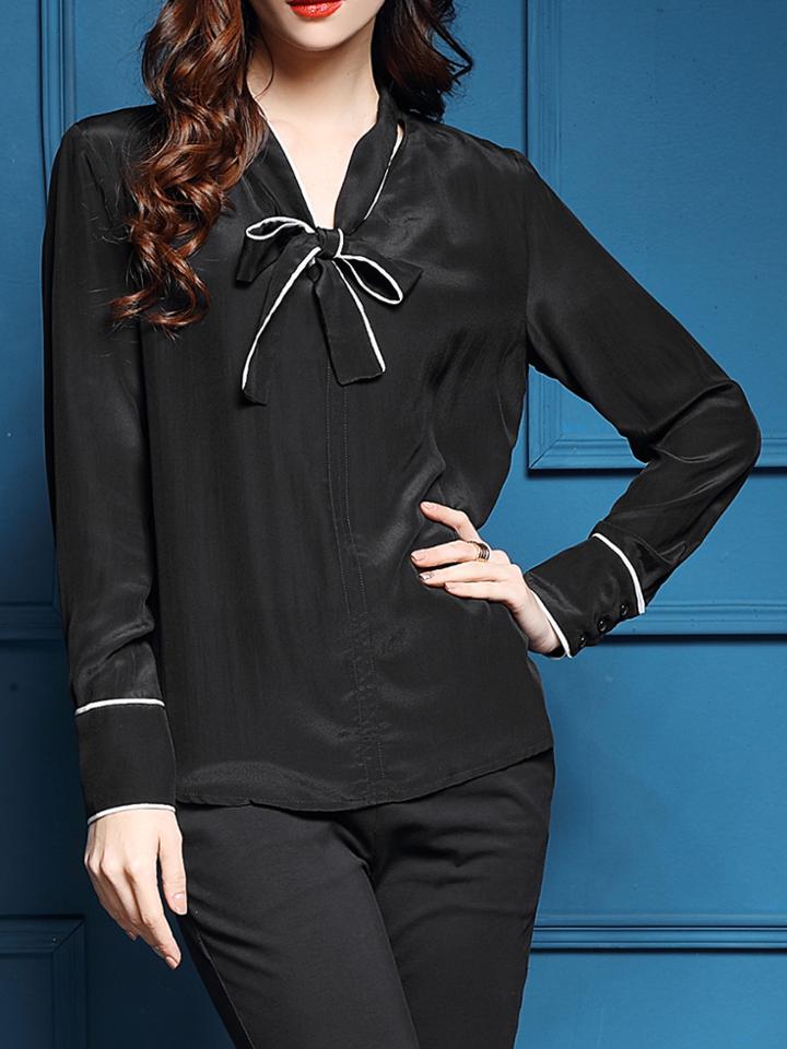 Shein Black Bowtie V Neck Shift Blouse