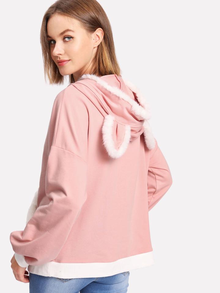 Shein Faux Fur Detail Eared Hoodie