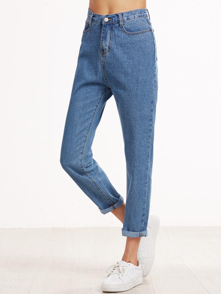 Shein Blue Cuffed Straight Leg Jeans