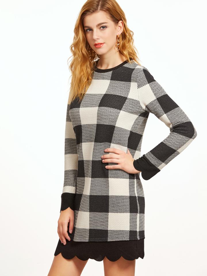 Shein Black And White Checkered Scallop Trim Dress
