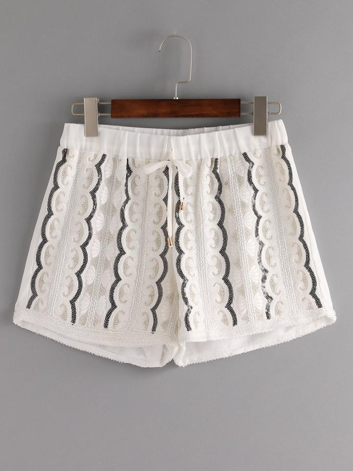 Shein Embroidered Sequin Drawstring Shorts - White