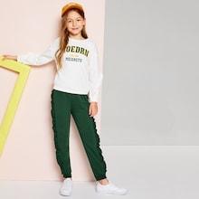 Shein Toddler Girls Letter Print Sweatshirt With Frill Trim Pants